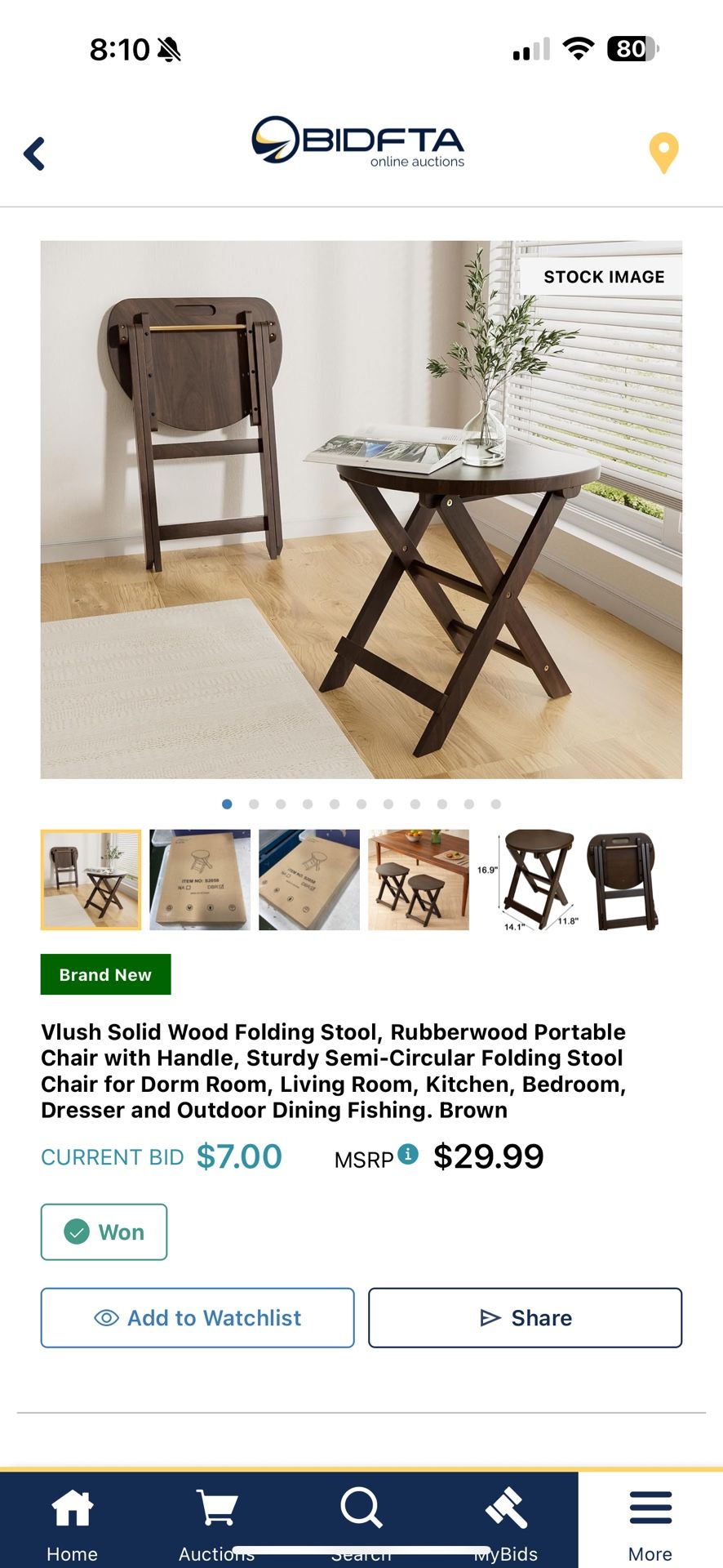 Vlush Solid Wood Folding Stool, Rubberwood Portable Chair with Handle, Sturdy Semi-Circular Folding Stool Chair for Dorm Room, Living Room, Kitchen, B