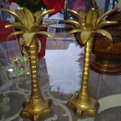 2 Vintage Brass Palm Tree Candle Stick Holders