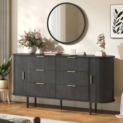 Fluted 6 Drawer Dresser, 63" Wide Modern Chest of Drawers with Gold Metal Handles, Curved Edge Design, Wood Storage Credenza Cabinet for Bedroom,Livin