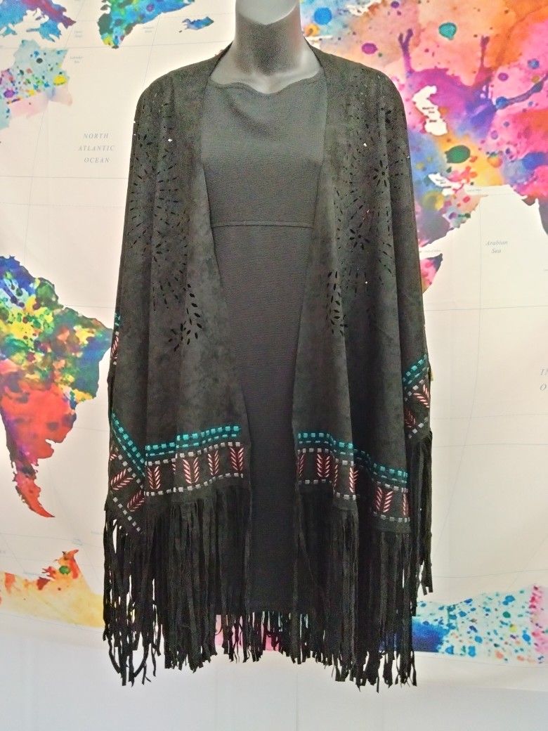 Faux Suede Fringed, Embroidered Wrap/Shawl