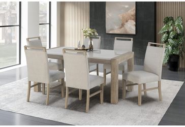Stunning natural wood finish dining set complemented by a luxurious real white marble top