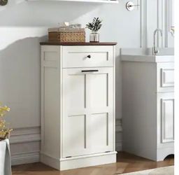40.3” White Tilt-Out Trash Can Cabinet with Drawer & Wood-Look Top – Kitchen Storage