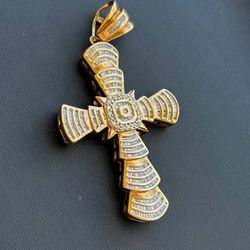 Solid 10k Yellow Gold Big Cross Charm & Natural Baguette Round Diamonds 31 gram