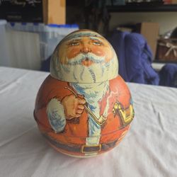 Vintage Bristol Ware Christmas Santa Tin Round Tin  USA 1980 7in Roly Poly Deco