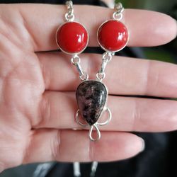 Sterling Silver, Coral and Rhodonite Choker Necklace
