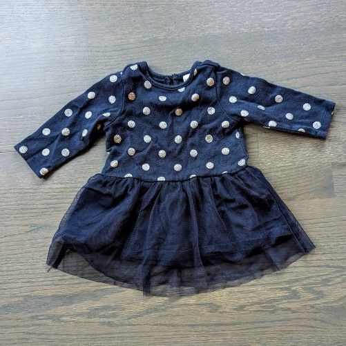 H&M Baby Girls Polka Dot Tulle Dress, 4-6 Months, Navy Blue/Silver Dots