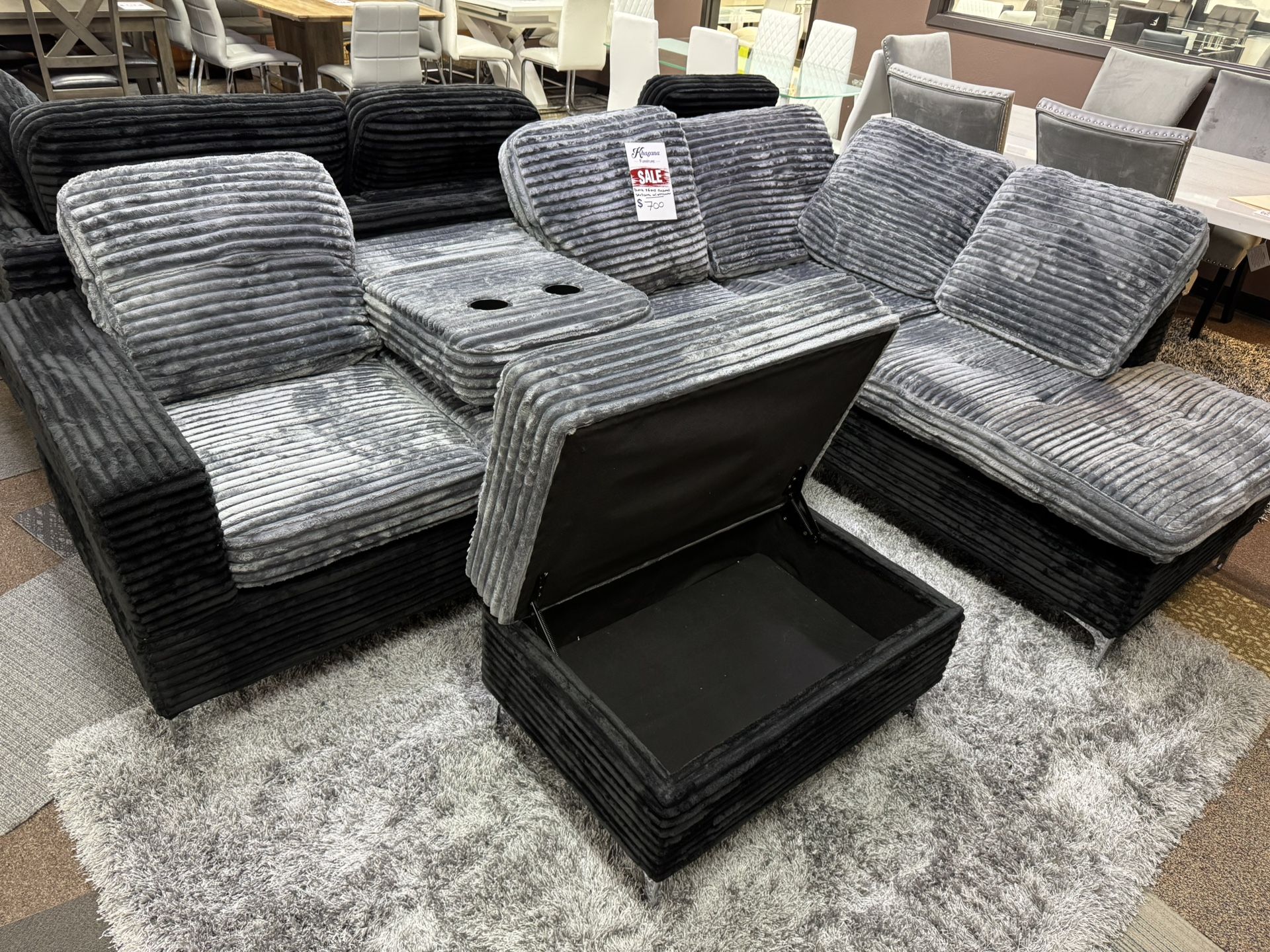BLACK/GRAY SOFT CORDUROY SECTIONAL WITH OTTOMAN COUCH SET