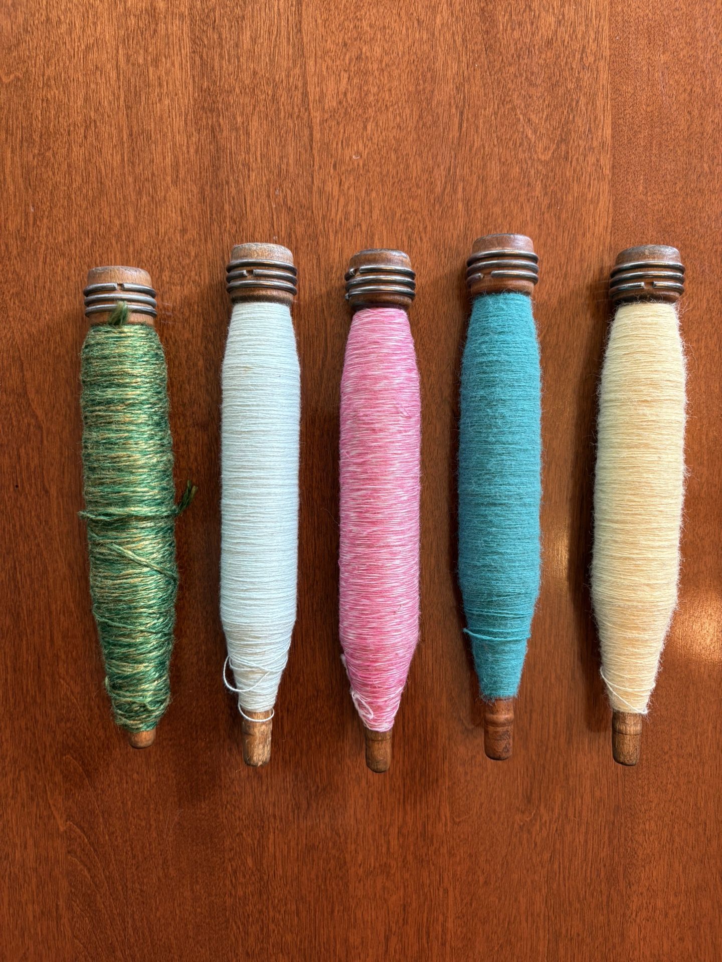 Set of 5 Vintage Wooden Thread Spools Assorted Colors Sewing Craft