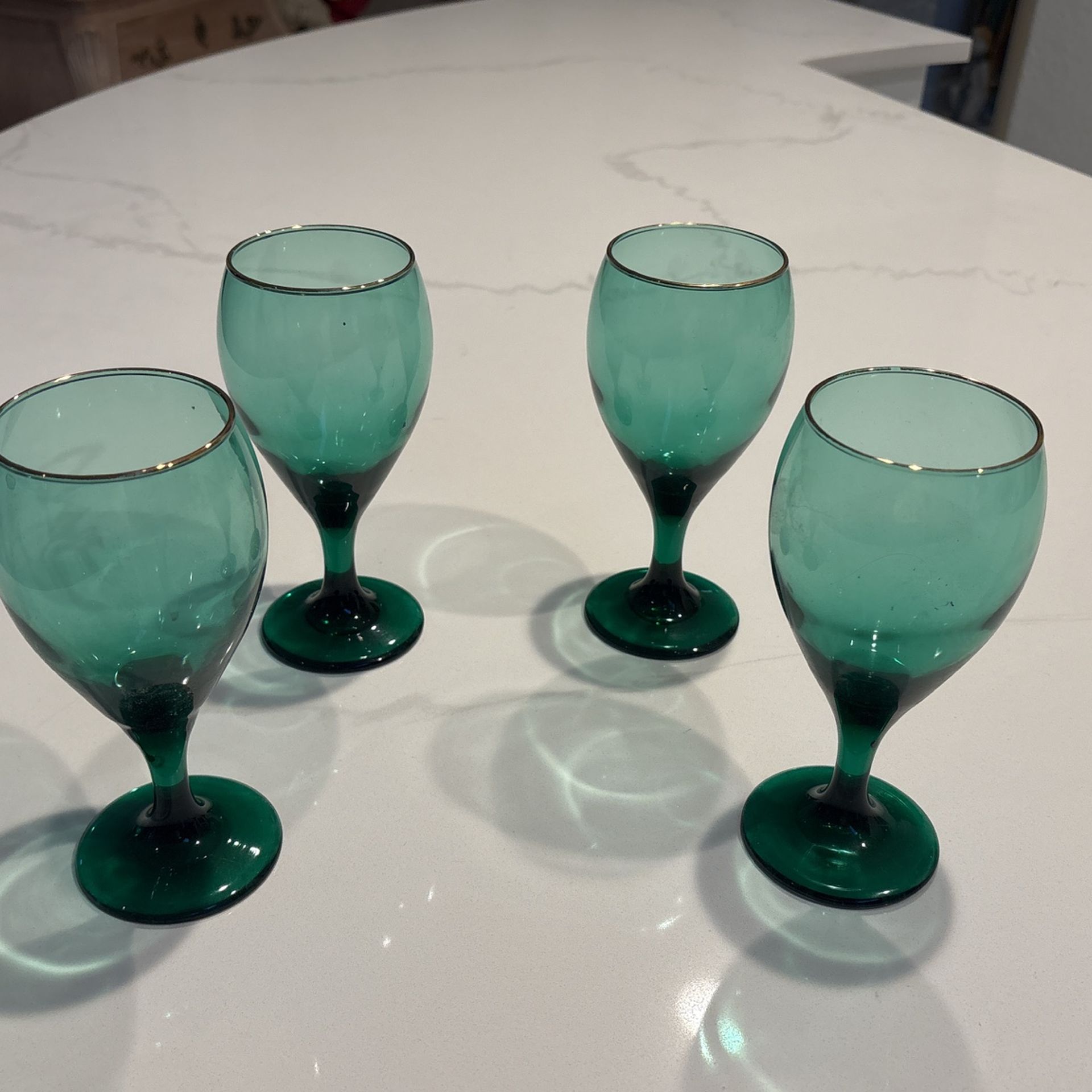REDUCED! 4 Green Crystal Goblets With Gold Trim. 4 Beautiful Drinking Glasses. Vintage MCM Or Depression Glass Set Of 4….