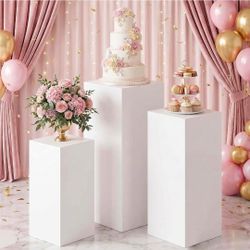 3PCS Cylinder Pedestal Stands for Parties, White Metal Round Cylinder Plinths Dessert Table Display Pillars for Birthday Wedding Bridal Baby Shower Pa