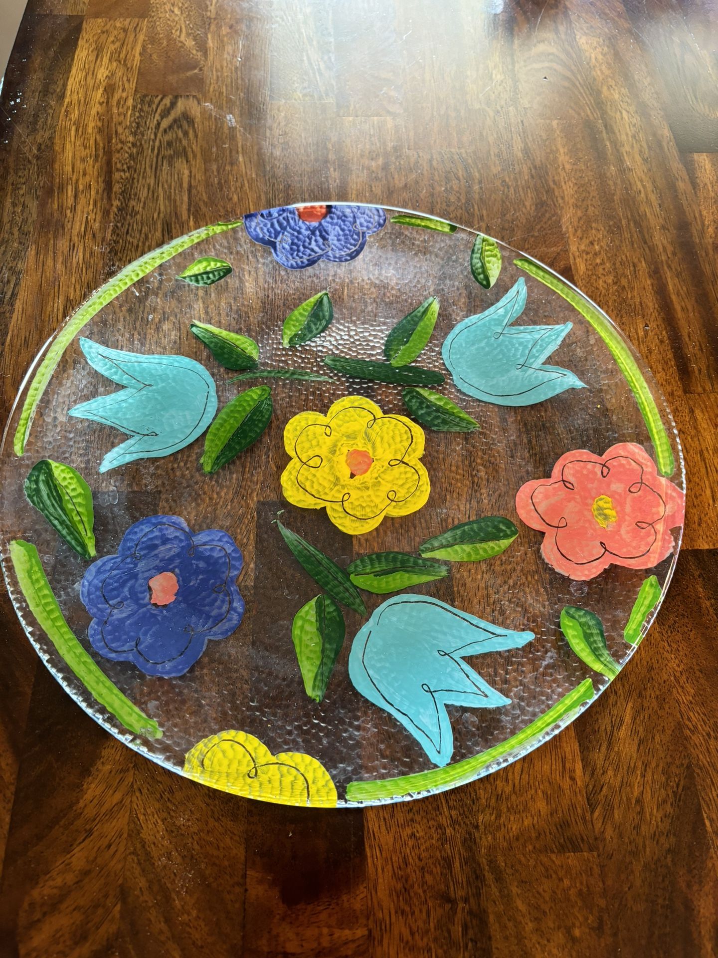 Clear Glass Platter Plate w/ Tulip & Daisy Flowers Colorful Hand Painted 13"