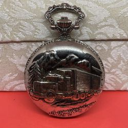 Quartz Pocket Watch With A Semi Truck Engraving On The Front 
