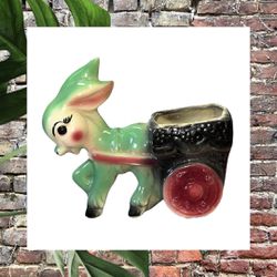 Vintage Antique Shawnee Pottery Ceramic Green Donkey Pulling Cart Planter