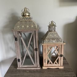 2 Farmhouse Rustic Wood and Metal Lanterns with Ring Handle 17” / 22”