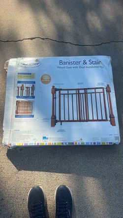 Banister and stair wood gate with dual installation kit.