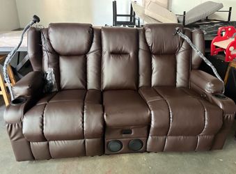 Loveseat Recliner Sofa with Console, Manual Pull Reclining Couch,Phone Holder, Heating & Massage, USB & Power Outlet, Bluetooth Speakers, Home Theater