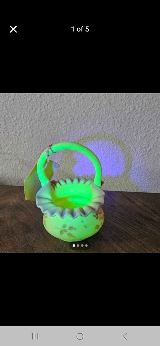 Vintage Fenton Burmese Hand Painted, Signed & Glow In The Dark Basket