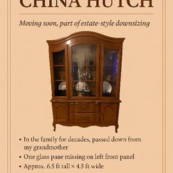 Beautiful Old Hutch – Great Bones, Solid Wood –  Single Glass Panel Missing – $400