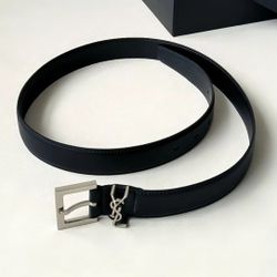 Silver buckle with monogram, sheepskin belt, unisex couple style, black, 3cm wide