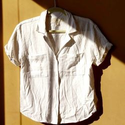Threads and supply Linen Blend white short sleeve button down Blouse Shirt Top Women's Size M Medium
