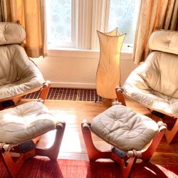 Two Beige  Leather Luna Lounge Chairs & Ottomans 