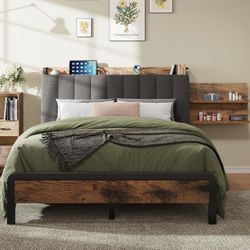 Feonase Full Size Bed Frame, 14.5 Inch Metal Platform Bed w/ 1 Hidden Storage Shelf, Ergonomic Upholstered Headboard with Outlets, No Box Spring Neede