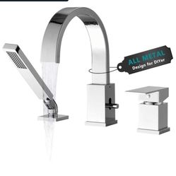 8754: New Brass Roman Tub Faucet with Handheld Sprayer, Deck Mount Bathtub Faucet with Hand Shower, 3 Hole Waterfall Faucet with 360 Spout, Single Han