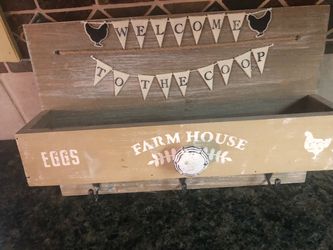 Wooden Wall Mount: with key hooks, cubby, and knob. Farmhouse style