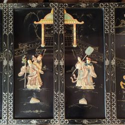 Antique Chinese Mother with Fu Lu Shou Black Lacquer Wall Art Panels