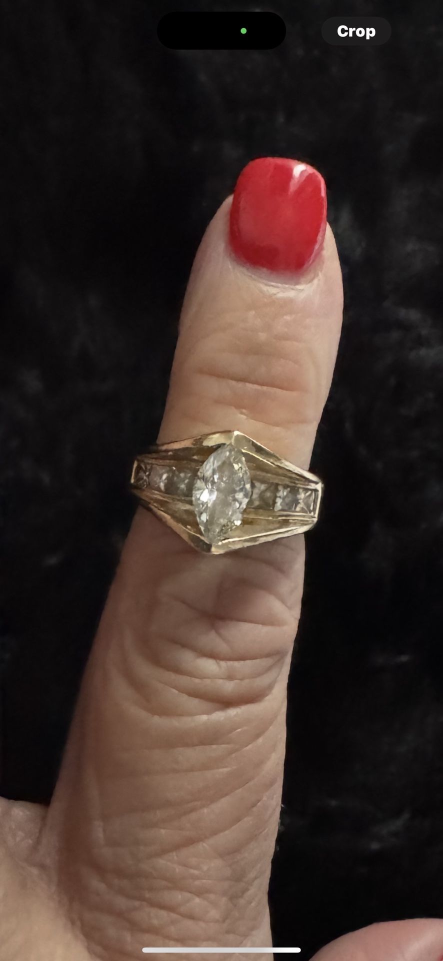 Vintage Ladies KOBI 14k yellow gold diamond engagement ring with a marquise shaped diamond
