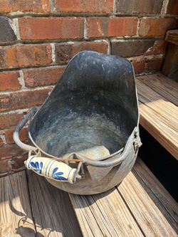Antique Copper Coal Scuttle Fireplace Bucket – Lion Head Embellishments – Hand Painted Porcelain Handle