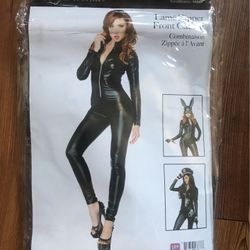 Black Zipper Fake Leather One Piece Suit