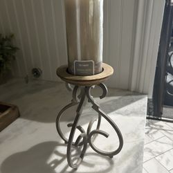 Pier 1 Pillar Candle Holder w/ New “Vintage Linens” Candle