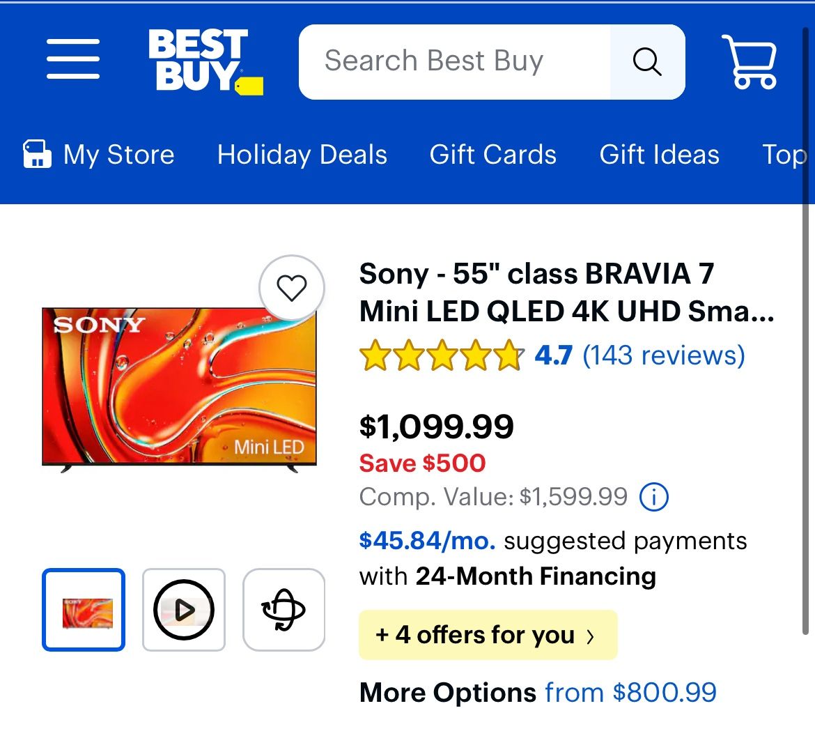 Sony Bravia 7 K55XR70 Smart QLED Mini-LED 55-inch 4K HDR TV