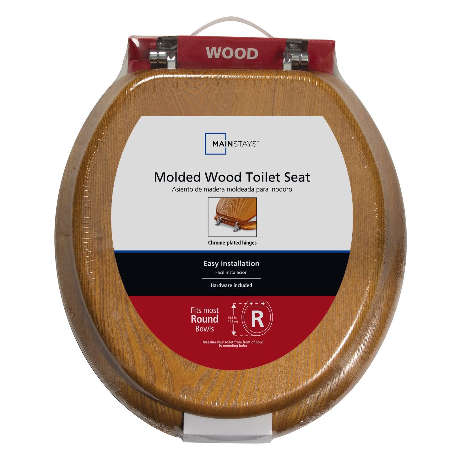 Mainstays Molded Wood Round Toilet Seat in Medium Oak Finish for Sale