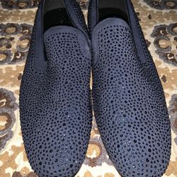 Moretti Navy Black Label Size 13 Crystal Loafer Leather Upper Slip on Red Bottoms