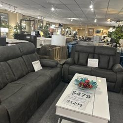 Brand New Dark Gray Gel Leatherette Manual Reclining Sofa + Loveseat 2PCs Set