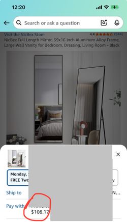 Full Length Mirror 59x16 Black (orig. $108)