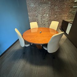 Solid Wood Conference Table With 4 Leather Rolling Chairs 