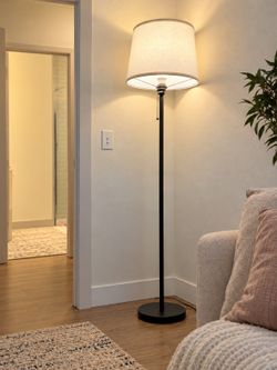Black Floor Lamp with White Drum Shade — Like New