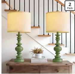 24" Farmhouse Table Lamps Set of 2 – Sage Green Bedside Lamps with Linen Shades, Medium Traditional Lamps for Living Room, Bedroom, and Entryway, Vint