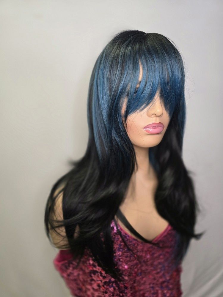 24" Black Blue Synthetic Hair Wig With Long Bangs
