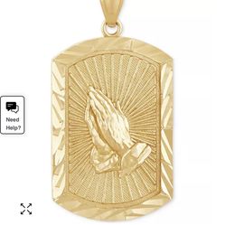 14k Gold Men’s Sunray Praying Hands Dog Tag Pendant 