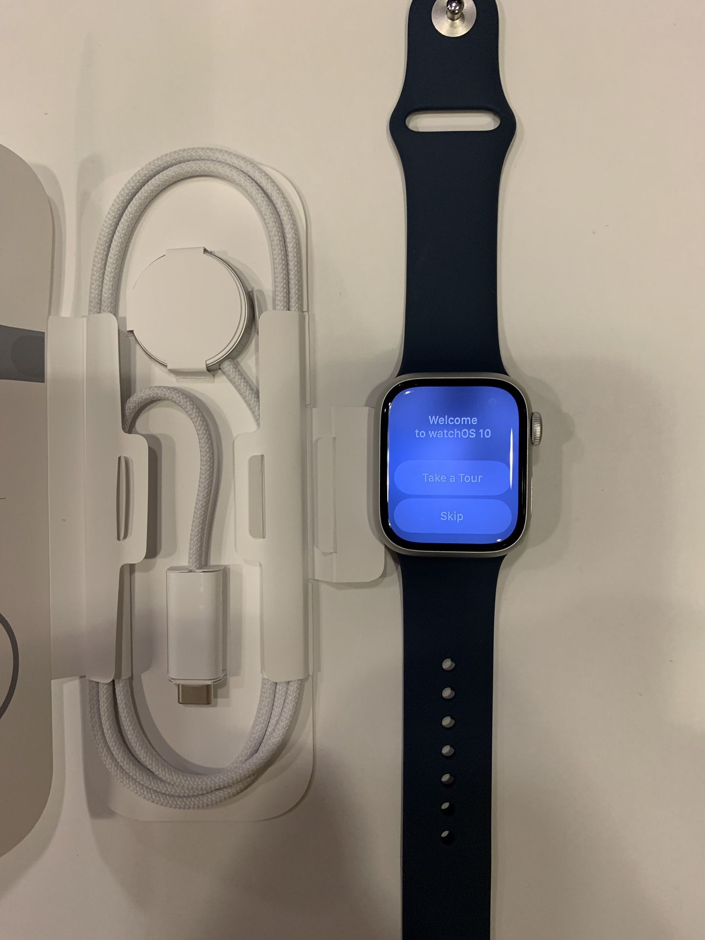 Apple Watch Series 9 GPS 41mm Silver Aluminum Case With Storm Blue Sport band  and Charger   1 year Apple warranty   Brand new 