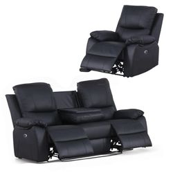 Power Recliner (Set Of 2pc), Genuine Leather, Living Room Set, 3-Seater Sofa Couch And Recliner Chair