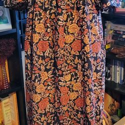 Vtg Women's Expressions Brown Orange Floral Dress 100% Cotton Sz LG Grannycore