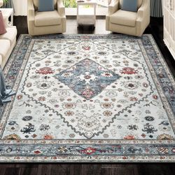 6’ X 9’ Istana Foldable Machine Washable Cram/Blue Area Rug 