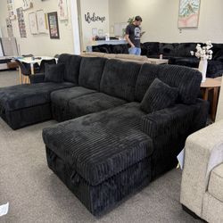 Black Corduroy Double Chaise With Storage And Sleeper 