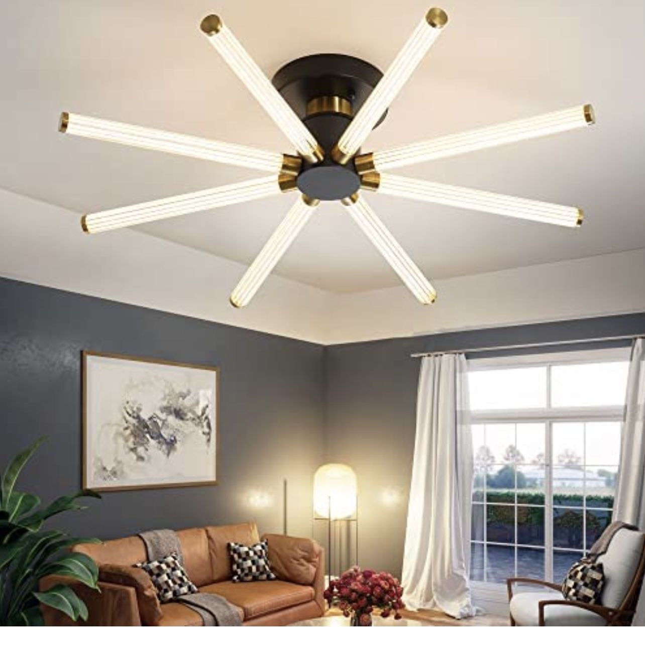 Modern Sputnik Chandelier, LED 8 Lights 48W Satellite Pendant Ceiling Light Suitable for Dining Room Living Room Bedroom Kitchen (Black+Gold)  Modern 
