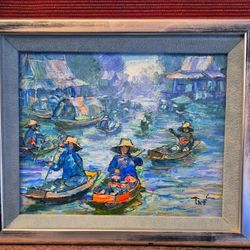 Vintage 1970s Vietnamese Oil Painting – Signed Riverscape in Original Frame